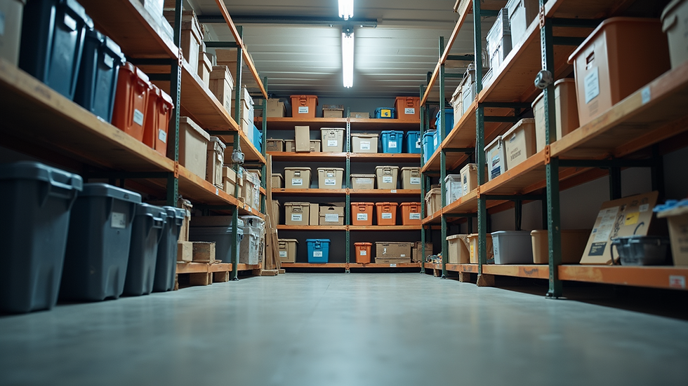 Eye-level view of a neatly organized garage with wall-mounted shelves and labeled bins