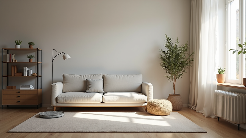 Eye-level view of a neatly organized living room with minimal furniture