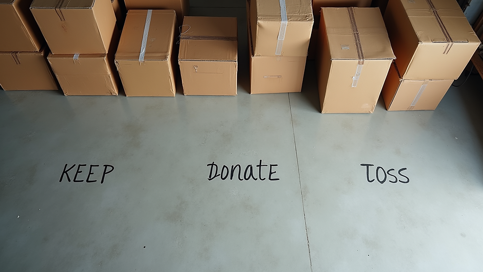High angle view of a clean garage floor with boxes sorted into keep, donate, and toss piles