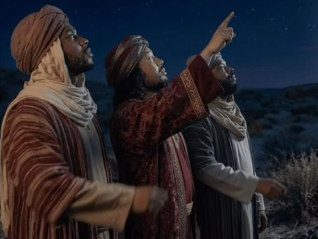 The three wise men journey to visit baby