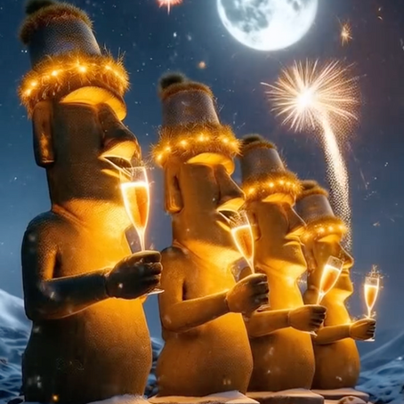 🗿🎅🥂 statues raise their glasses, celebrating with wine and reflecting on the passage of time.