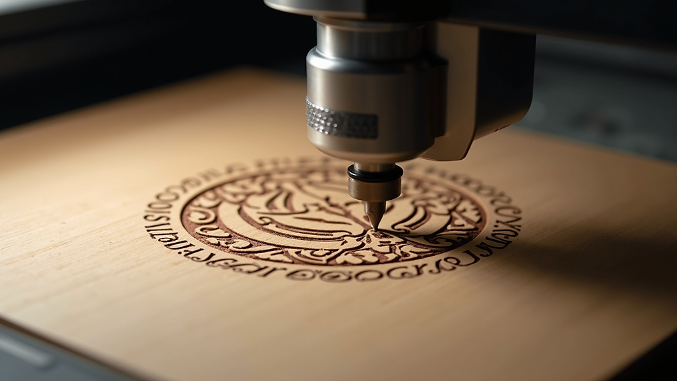 Close-up view of a laser engraving machine etching a design onto a wooden surface