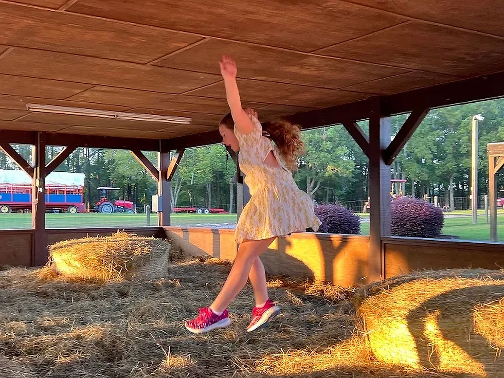 Girl joyfully jumping on hay at an attraction