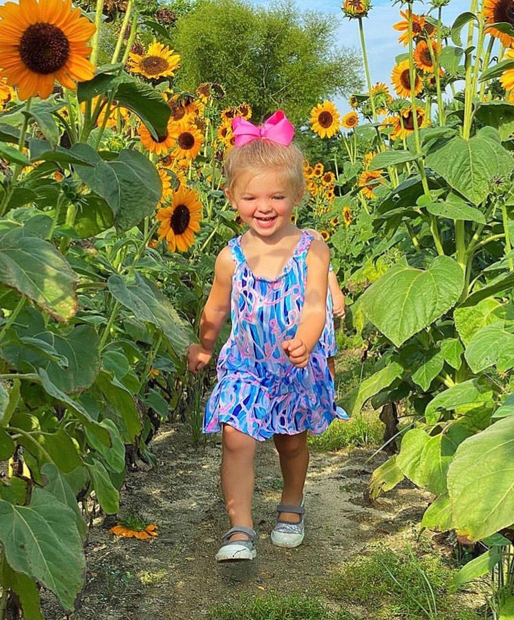 Smiling toddler girl in blue dress walking at a Sunflower Festival.