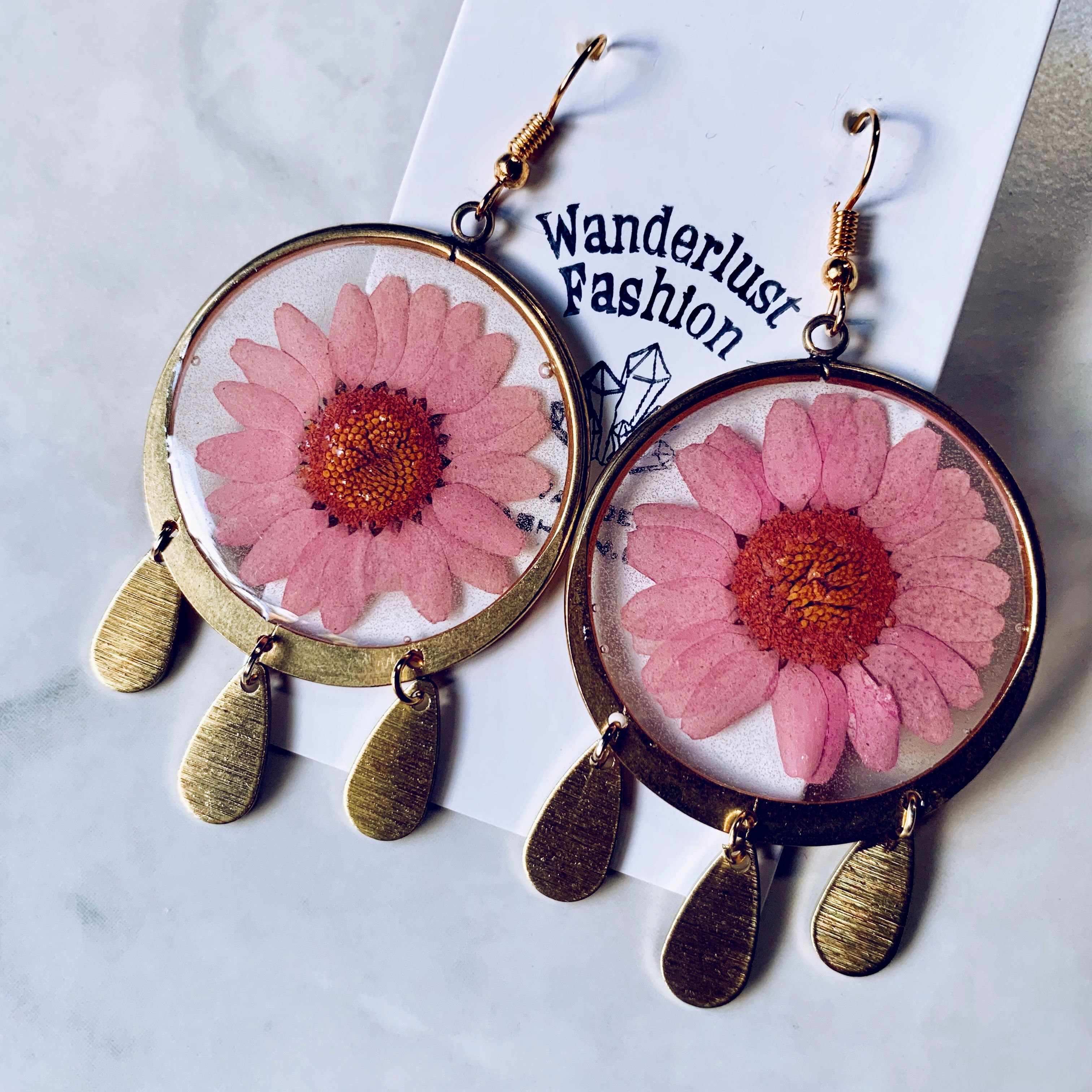 Pink Daisy Dream Catcher Resin Earrings