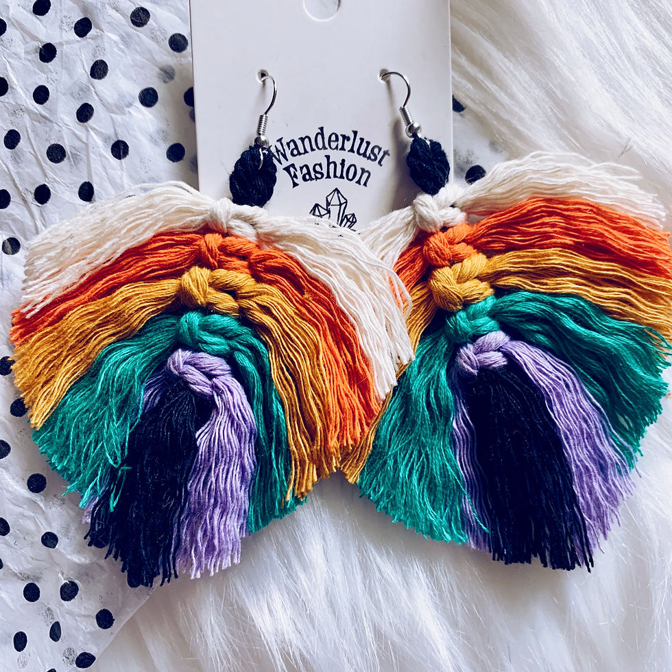 Thumbnail: Halloween Rainbow Macrame Feather Earrings