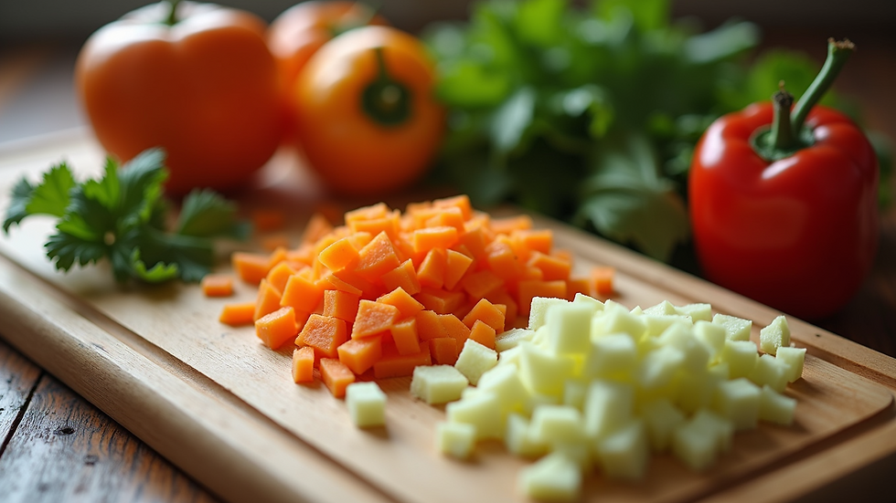 High angle view of a wooden cutting board with diced vegetables