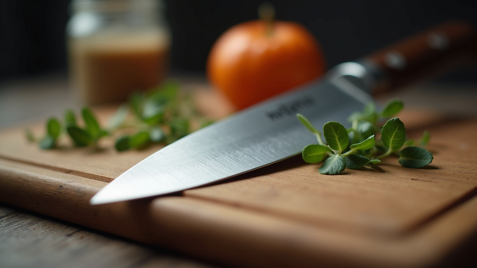 Close-up view of a sharp chef's knife on a wooden cutting board