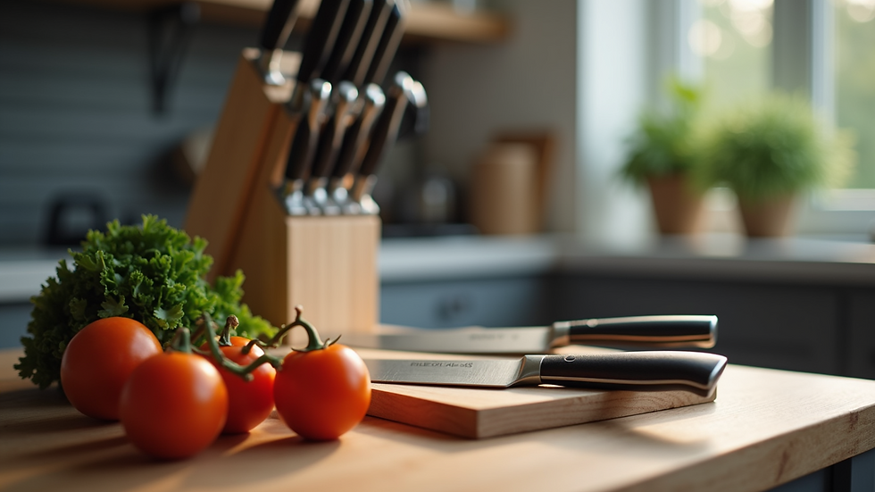 Eye-level view of stainless steel kitchen knives arranged on a wooden block