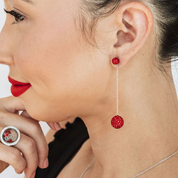 Thumbnail: ER2108 Silver + Red Crystal Sparkle Snowball Drop Earrings
