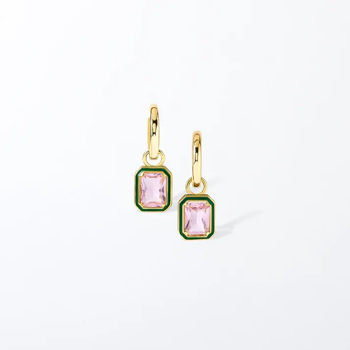 ER2173 Gold Huggie Hoop Earrings with Pink Crystals + Green Enamel