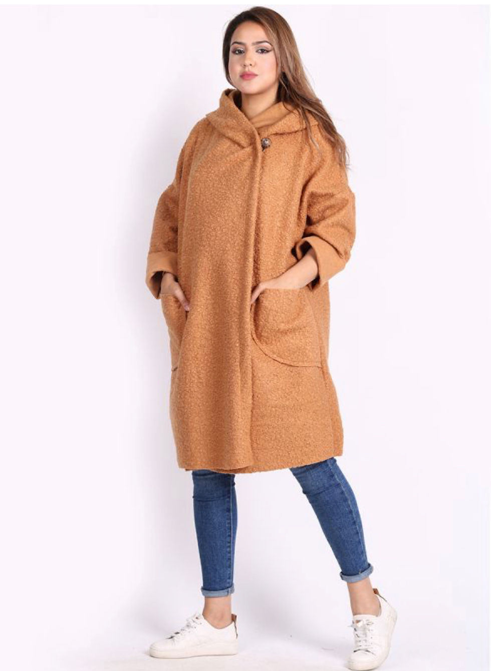 Thumbnail: Front Pockets Hooded Woolen Lagenlook Jacket