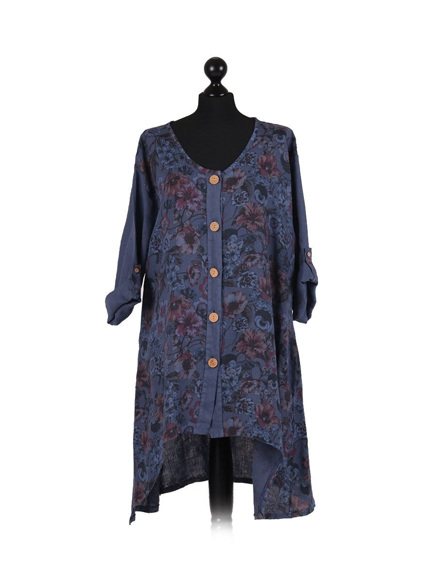 Thumbnail: Italian Floral Print High Low Lagenlook Linen Top