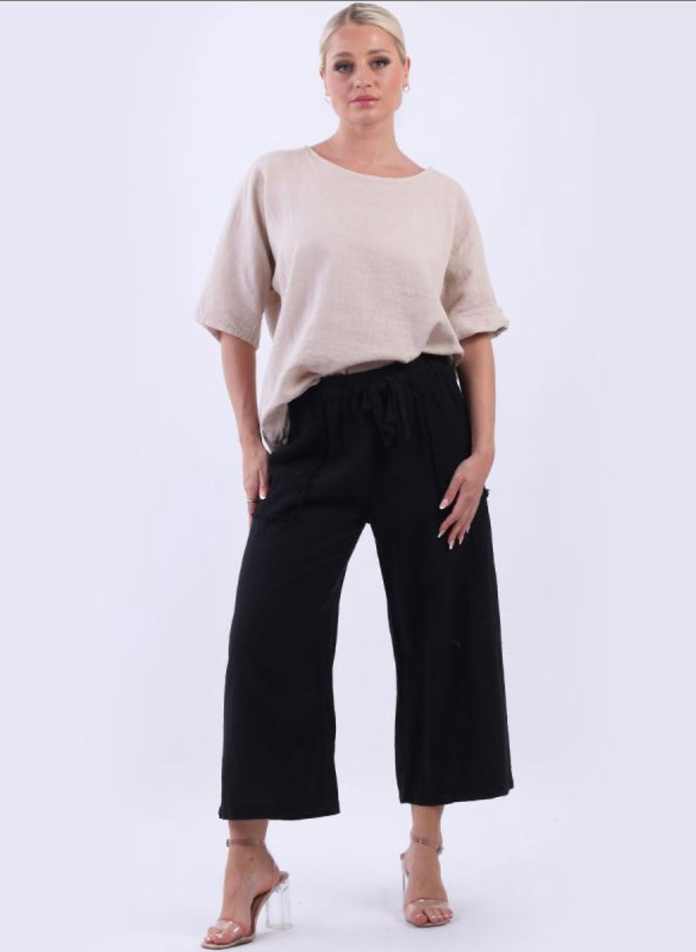 Thumbnail: Raw Edge Pockets Linen Wide Leg Trouser