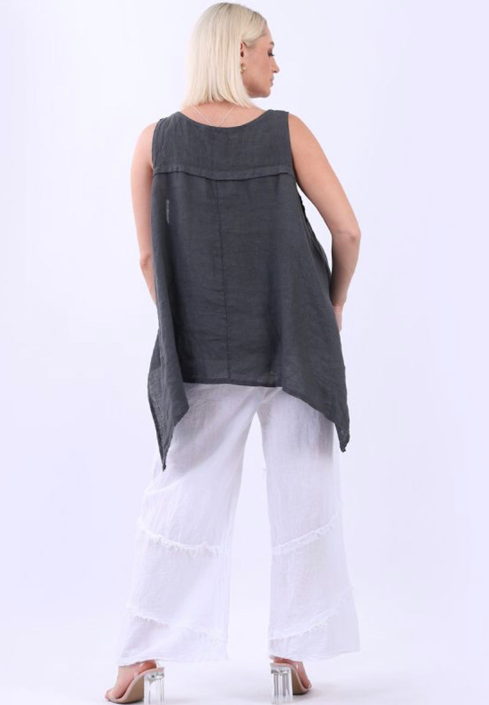 Thumbnail: Raw Edge Patches Linen Wide Leg Ladies Pant