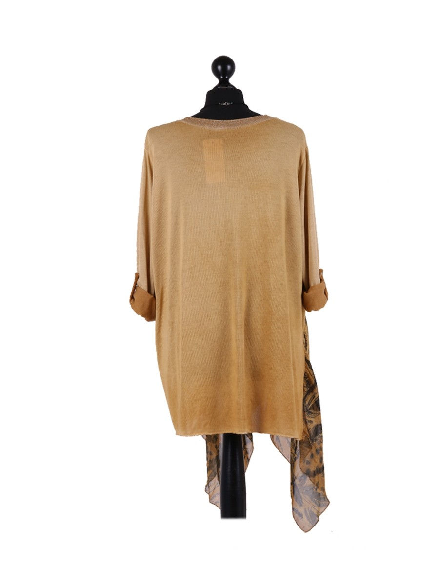 Thumbnail: Italian Knitted Feather Print Asymmetrical Silk Hem Lagenlook Top