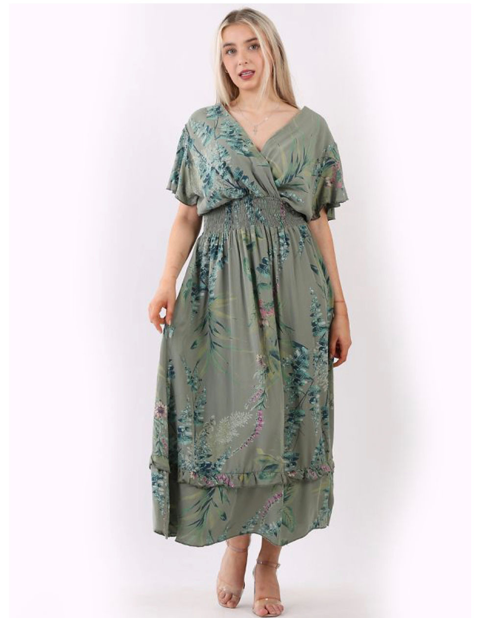 Thumbnail: Garden Print V-Neck Overlap Smocky Maxi Dress
