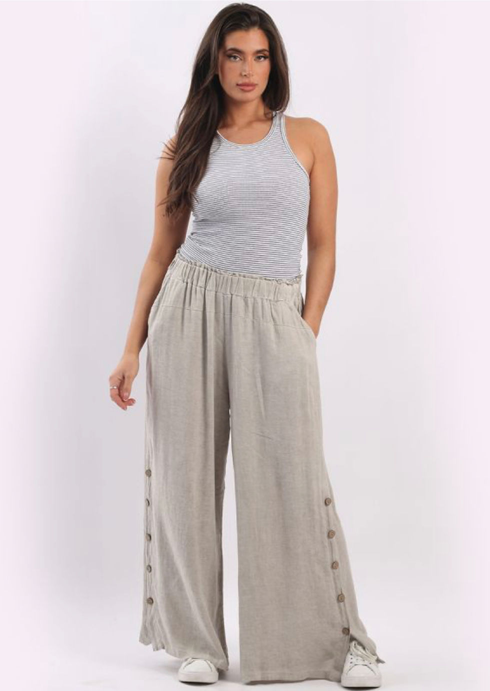 Thumbnail: Side Buttons Wide Leg Plain Linen Trouser