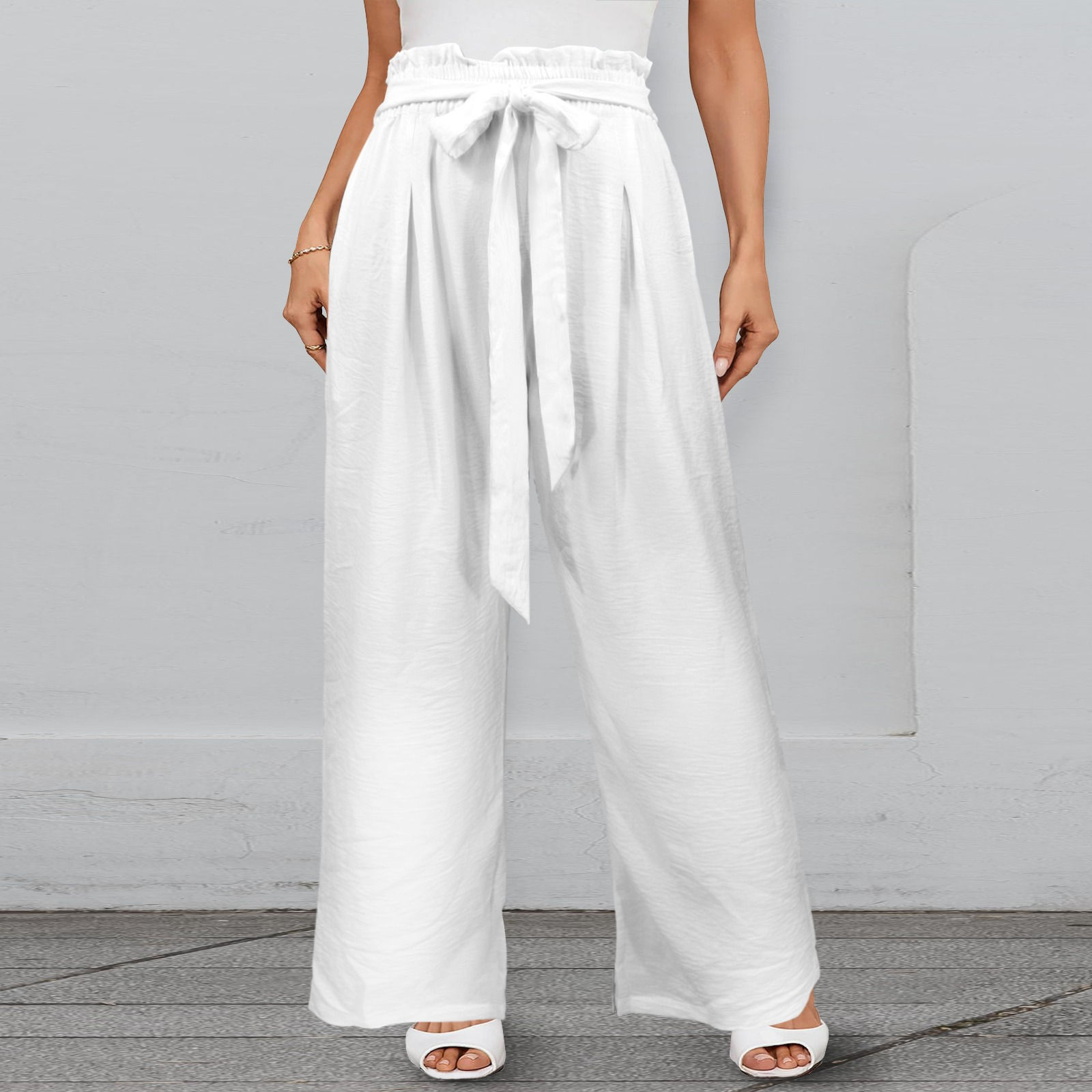 Elastic Waist Wide Leg Pants with Front Tie