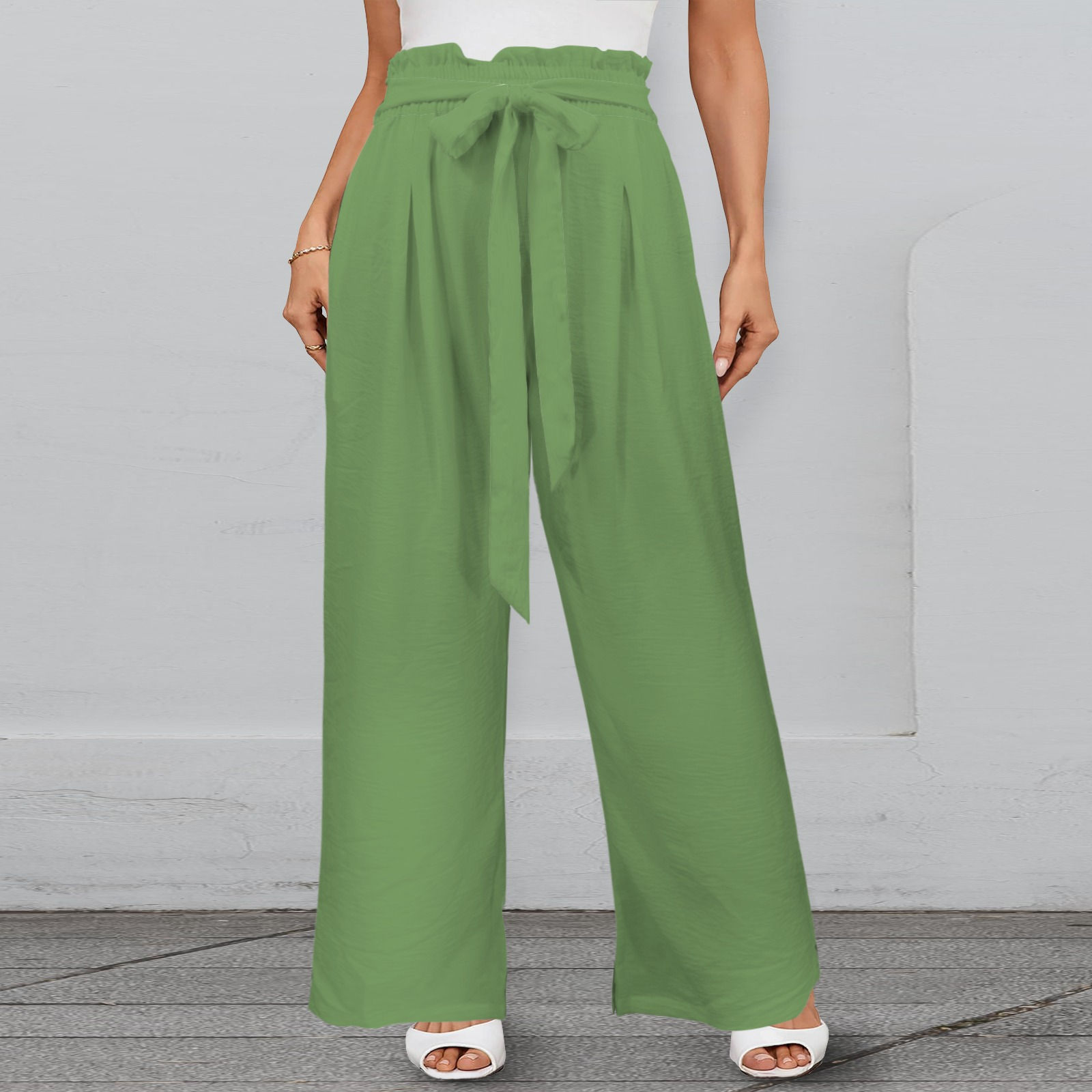 Elastic Waist Wide Leg Pants with Front Tie