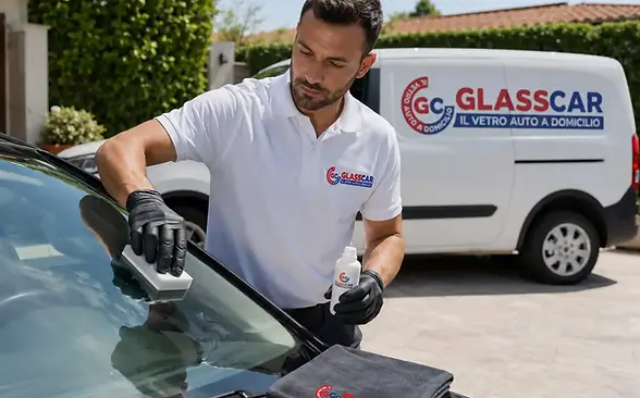 Tecnico Glasscar Vetri Auto effettua trattamento antipioggia su parabrezza dopo la sostituzione a domicilio