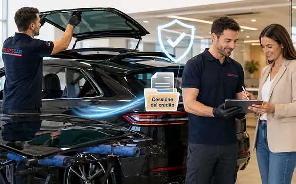 Tecnico Glasscar Vetri AUto fa firmare cessione del credit alla cliente mentre l'altro tecnico ultima il lavoro di sostituzione vetro auto