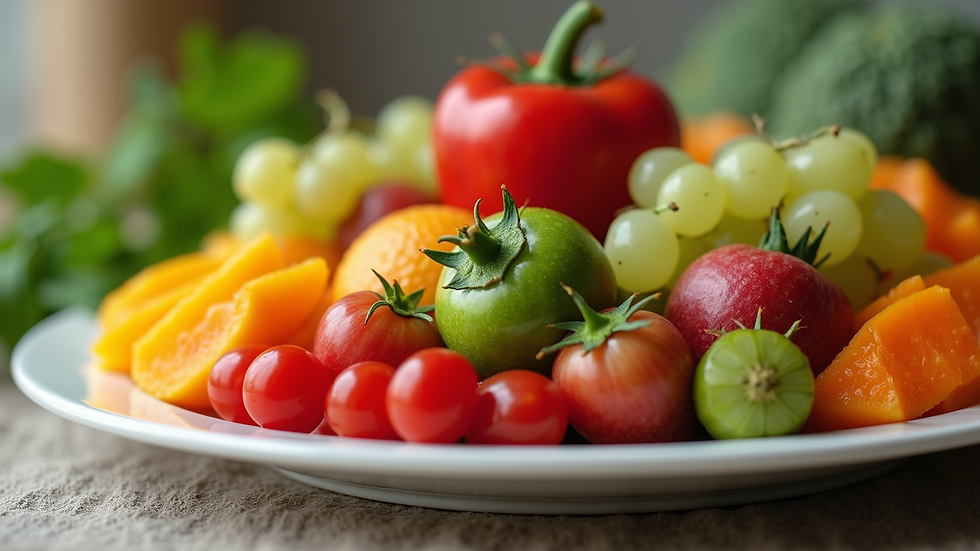 Close-up view of a colorful plate filled with fresh fruits and vegetables