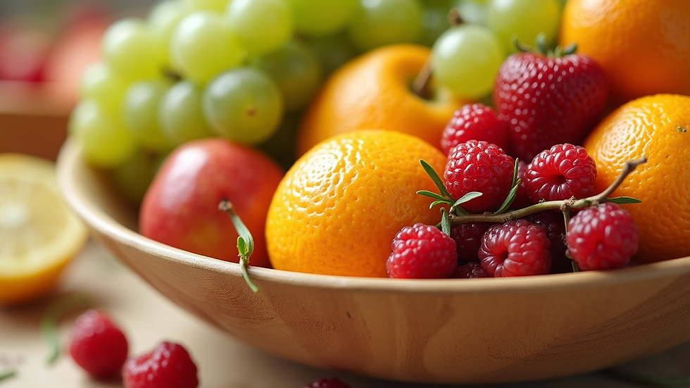 Close-up view of a vibrant fruit bowl filled with various fresh fruits