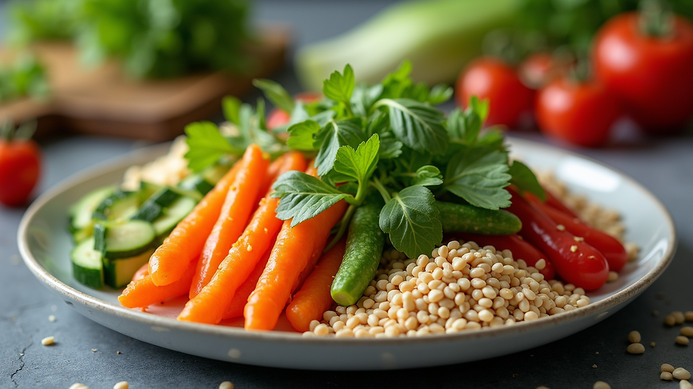 Close-up view of a colorful plate filled with fresh vegetables and grains