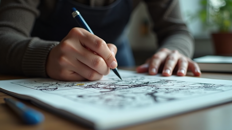 Close-up view of an artist sketching a comic page