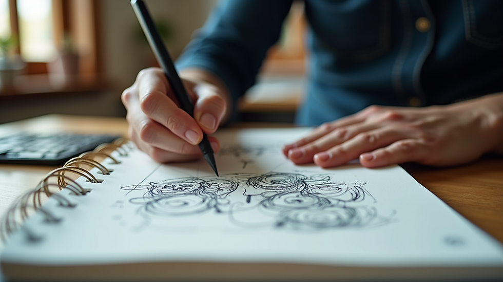 Eye-level view of a comic artist sketching in a notebook