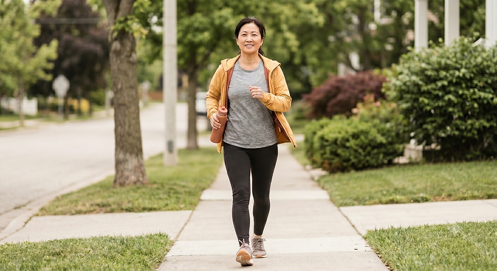 A candid lifestyle photo of an Asian woman in her 50s walking briskly and smiling on a neighborhood sidewalk in soft daylight.
