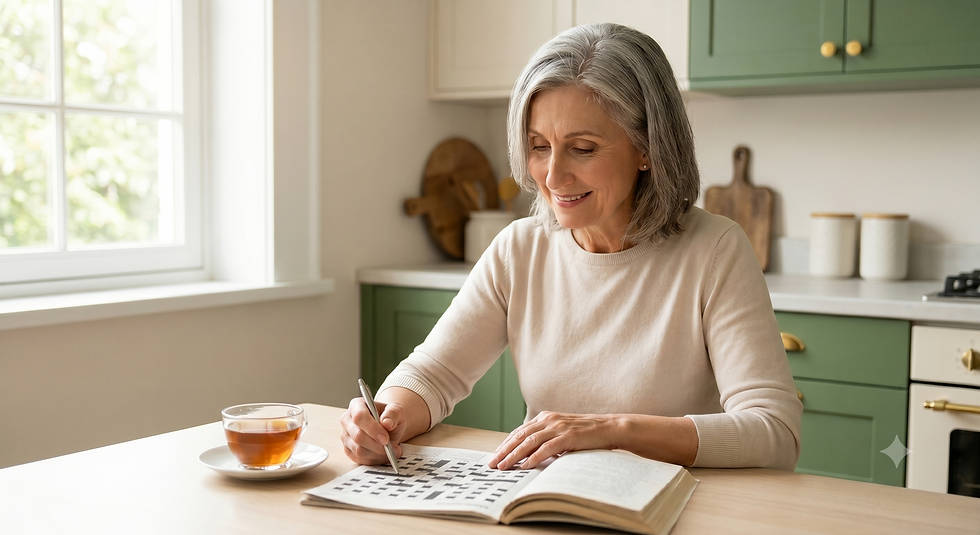 A warm, candid photo of a senior woman with gray hair smiling gently while doing a crossword puzzle at a sunlit kitchen table.
