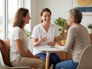 A warm photo of a female healthcare provider smiling and talking with a patient in a bright, modern office, with space for text overlay on the right.
