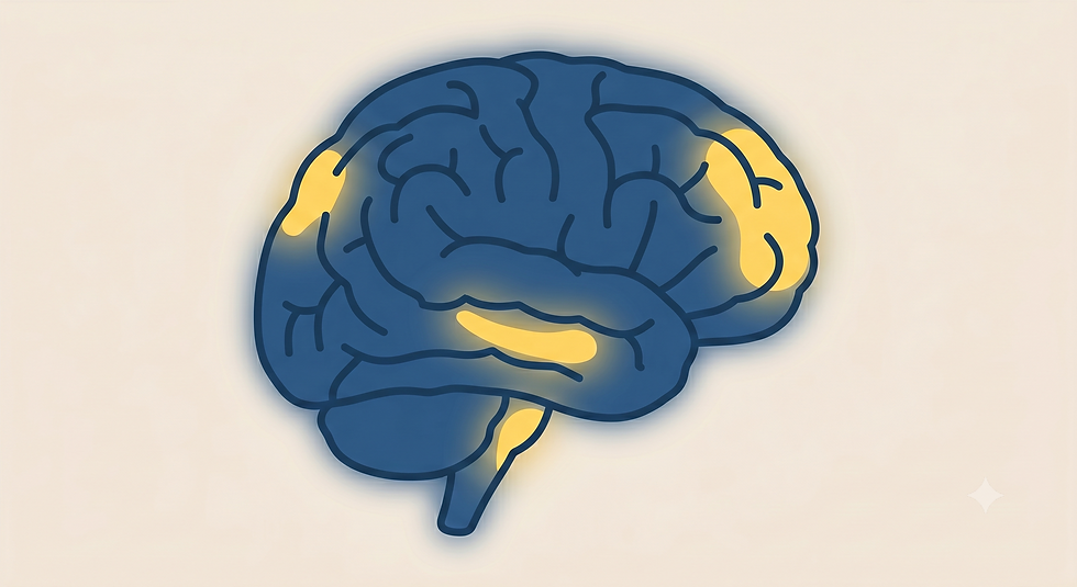 A minimalist medical illustration of a human brain in profile, glowing in deep blue with soft gold highlights indicating key neurological regions.