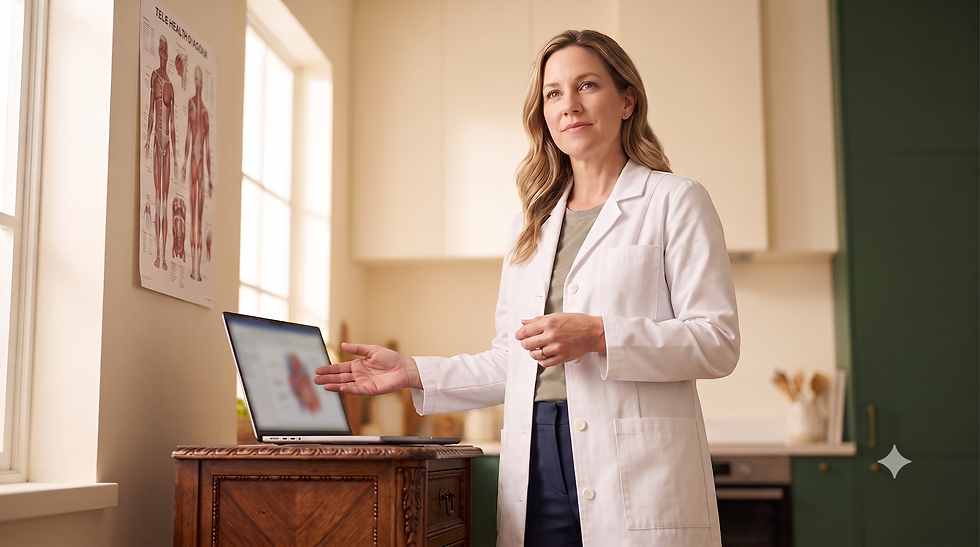 Approachable female healthcare provider in lab coat smiling and pointing at an image on a laptop.