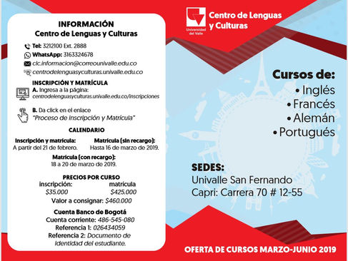 PLEGABLE: Inscripciones: Cursos de idiomas, Centro de Lenguas y Culturas, Universidad de Univalle