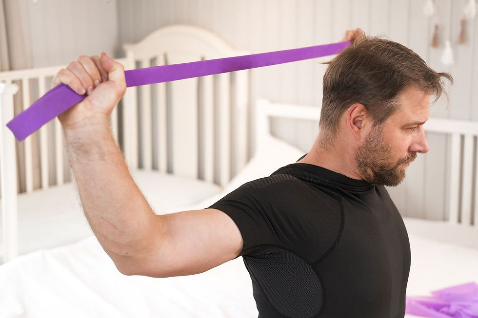 Man performing a neck and upper back strengthening exercise with a purple resistance band