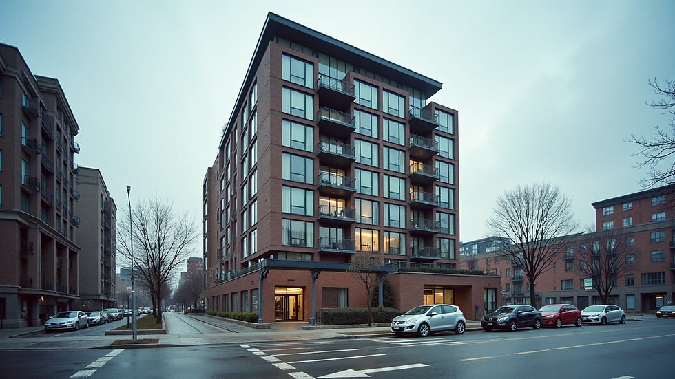 Wide angle view of a modern Quebec City condo building