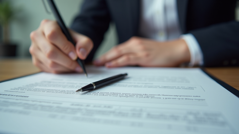 Close-up view of a notary’s desk with real estate documents and a pen