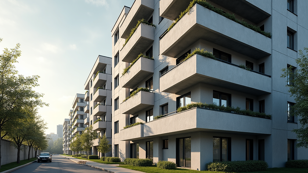 Wide angle view of a modern Quebec condo building with balconies