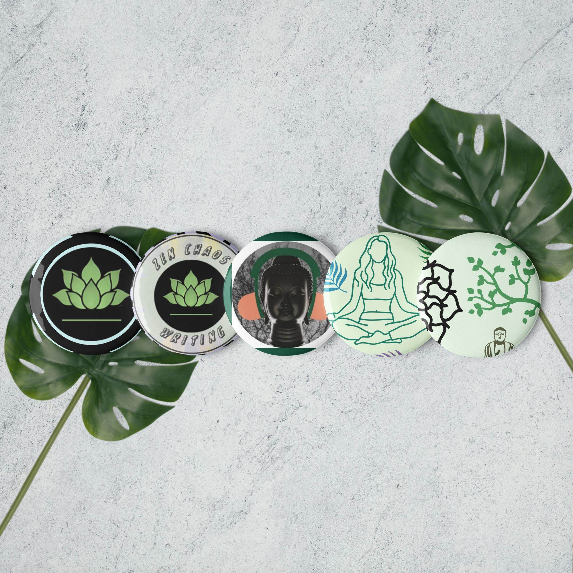 Green Lotus et al | Zen Chaos Writing | Set of Five Pins | For Jacket, Bag, Etc.