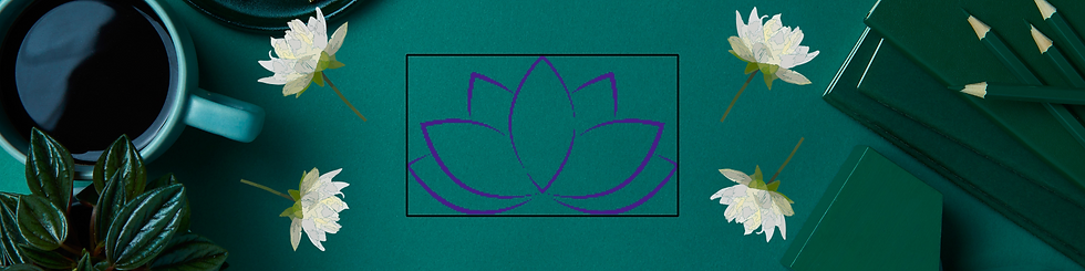 Illustration of lotus in center of four lotus flowers, notebooks with pencils, coffee/tea mug