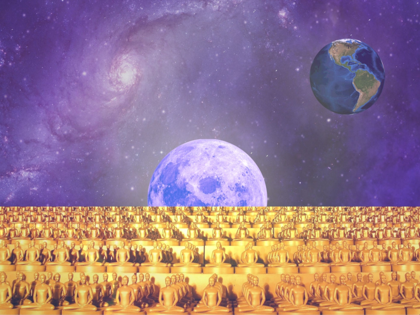 Moonlit Galaxy Over Field of Buddhas | Transcendental Meditation Wall Art Poster