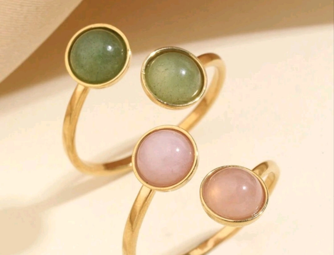 Bague réglable en acier inoxydable couleur or pierre quartz rose 