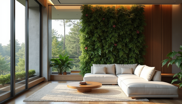 Vista interior de sala con grandes ventanales y jardín vertical en diseño de lujo