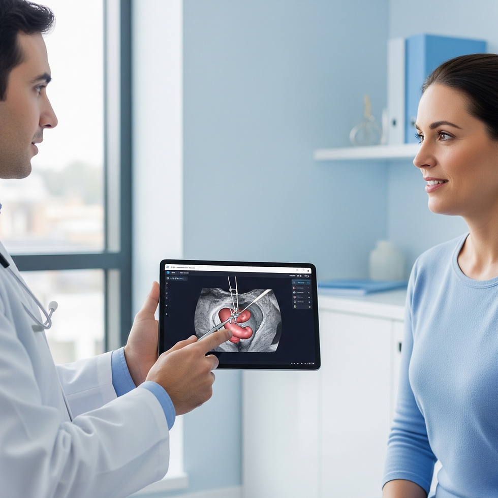 Especialista en bariatría explicando la técnica de mínima invasión y la remisión de enfermedades metabólicas mediante una tableta digital durante una consulta médica de seguimiento.