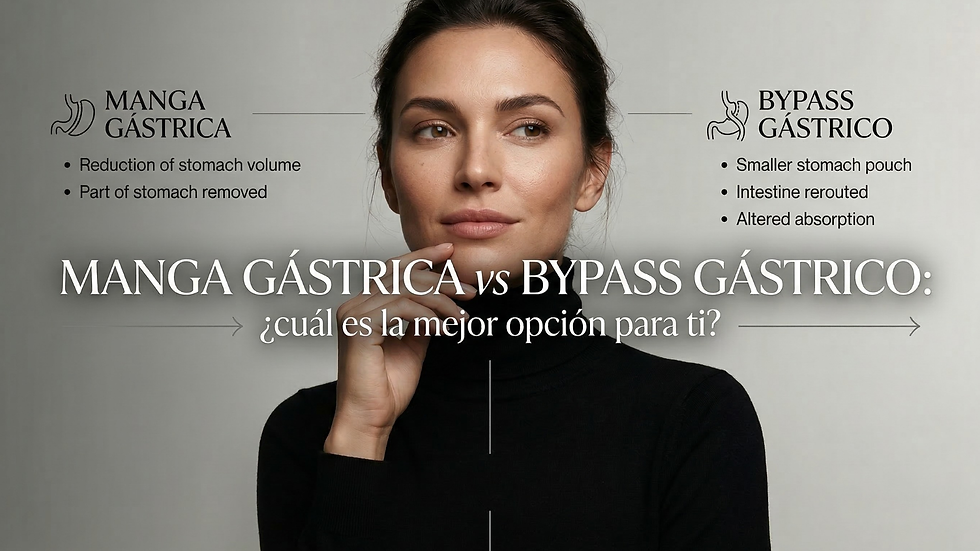 Imagen comparativa de procedimientos bariátricos: manga gástrica vs bypass gástrico, con explicación de reducción del estómago y cambios en la absorción