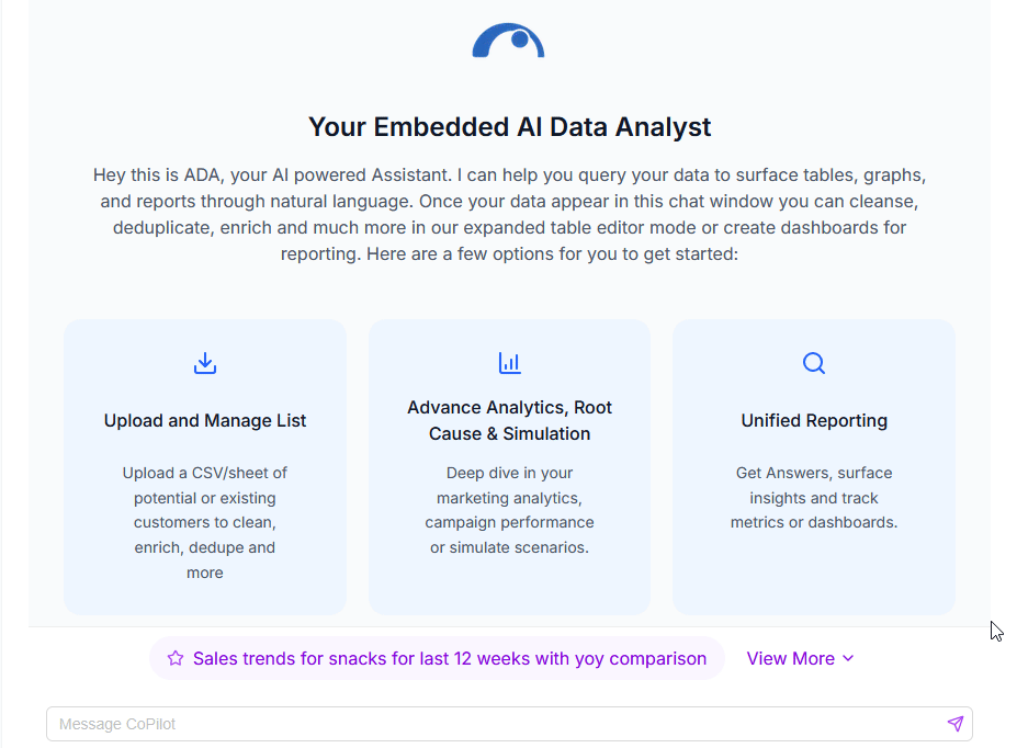 AI analyst panel explaining causal drivers and recommending next actions, paired with a performance chart—attribution + analytics that turn “why” into budget decisions.