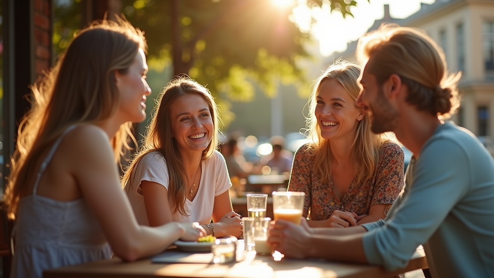 Eye-level view of a cozy travel group gathering in a sunny outdoor café